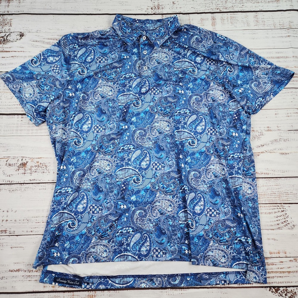 Robert Graham Paisley Print Performance Golf Polo Shirt Men XXL Blue Stretch
